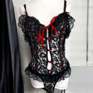 Vintage Black and Red Lace Bodysuit teddy whimsigoth coquette L